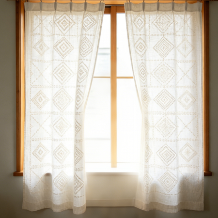 Geometric Embroidered White Linen Curtains